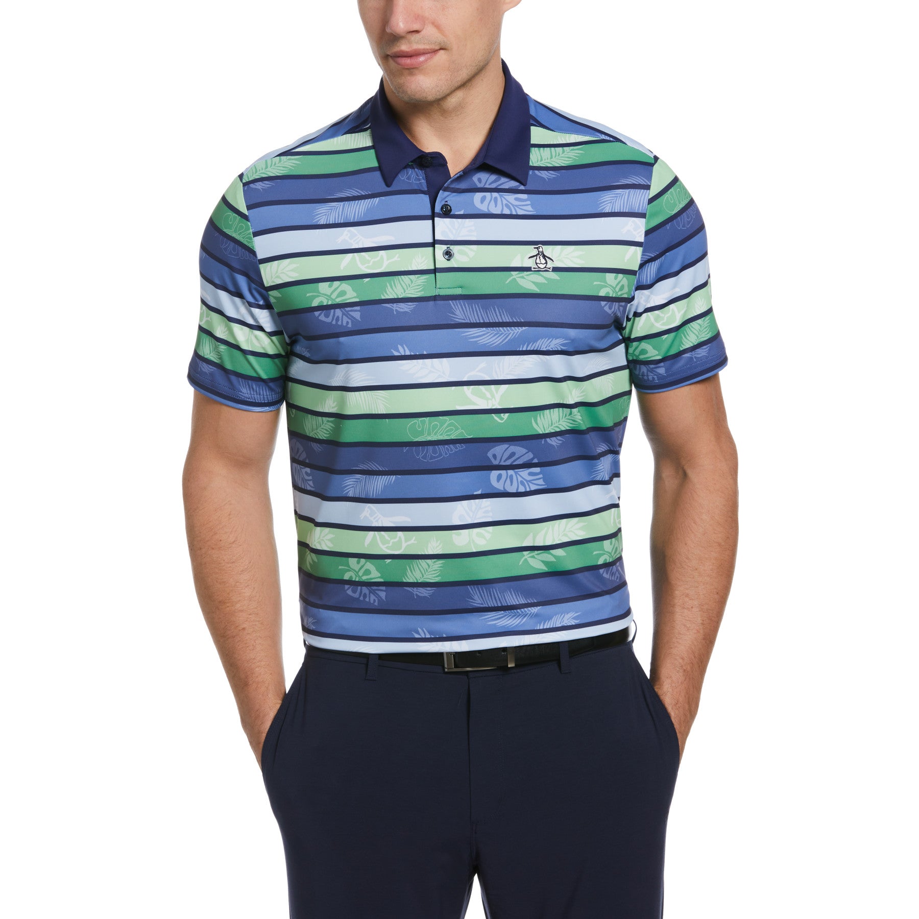 View Original Resort Stripe Print Golf Polo Shirt In Astral Night information
