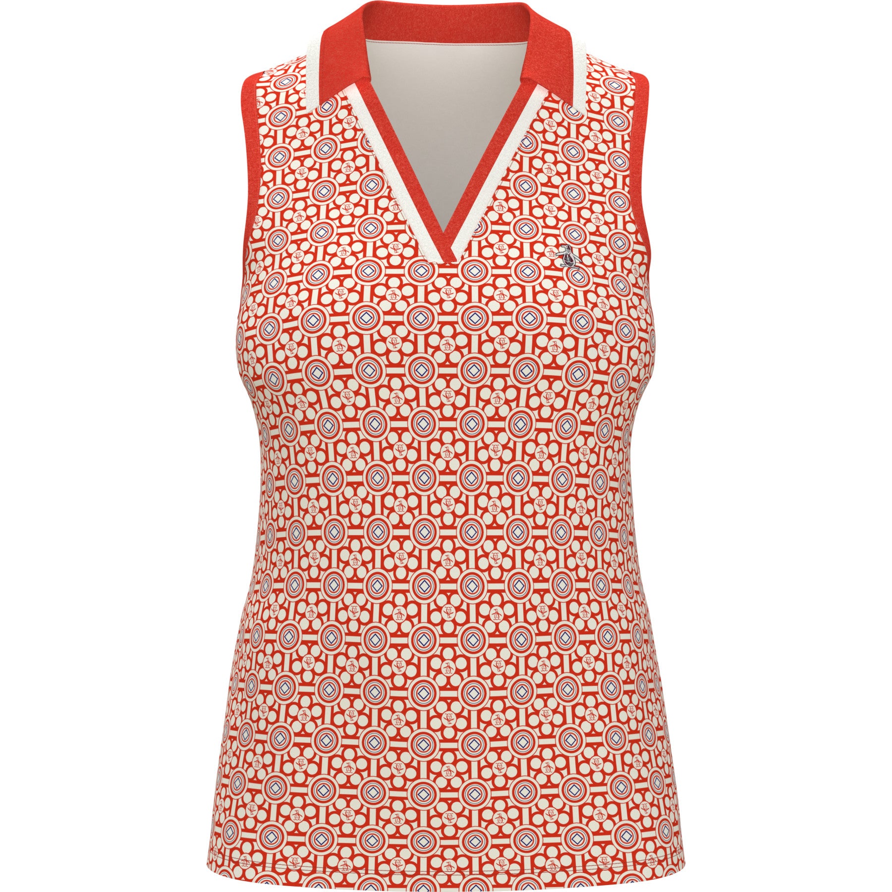 View Womens Geo Print Sleeveless Golf Polo Shirt In Fiesta information