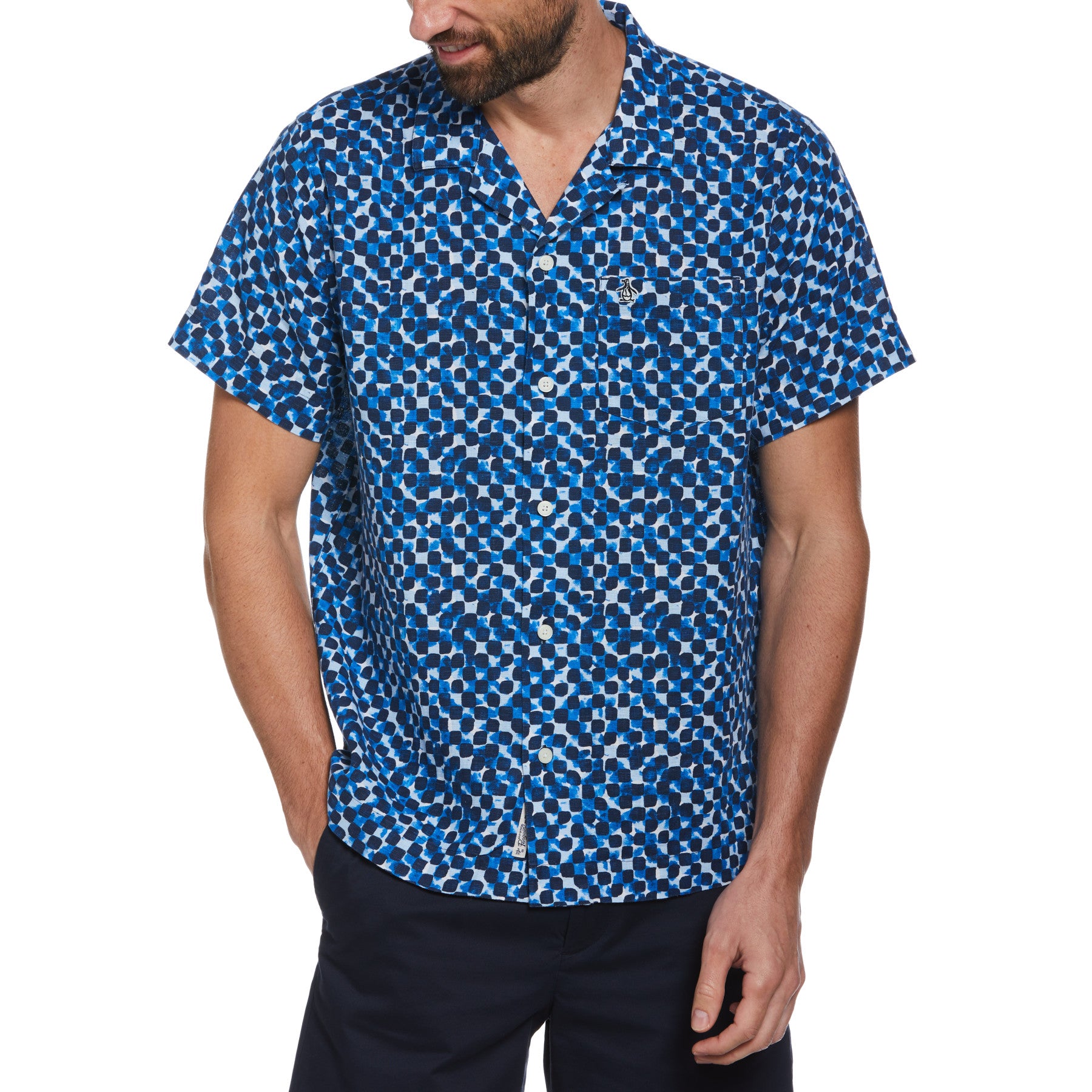 View Original Penguin Linen Ecovero Blend Tile Print Short Sleeve Shirt In Imperial Blue Blue Mens information