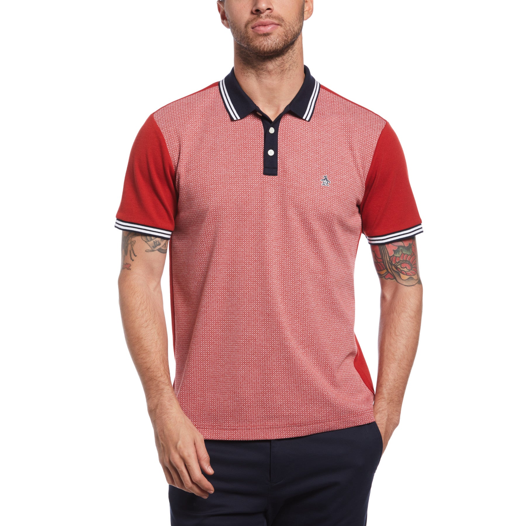 View Tipped Jacquard Front Polo Shirt In Lava Falls information