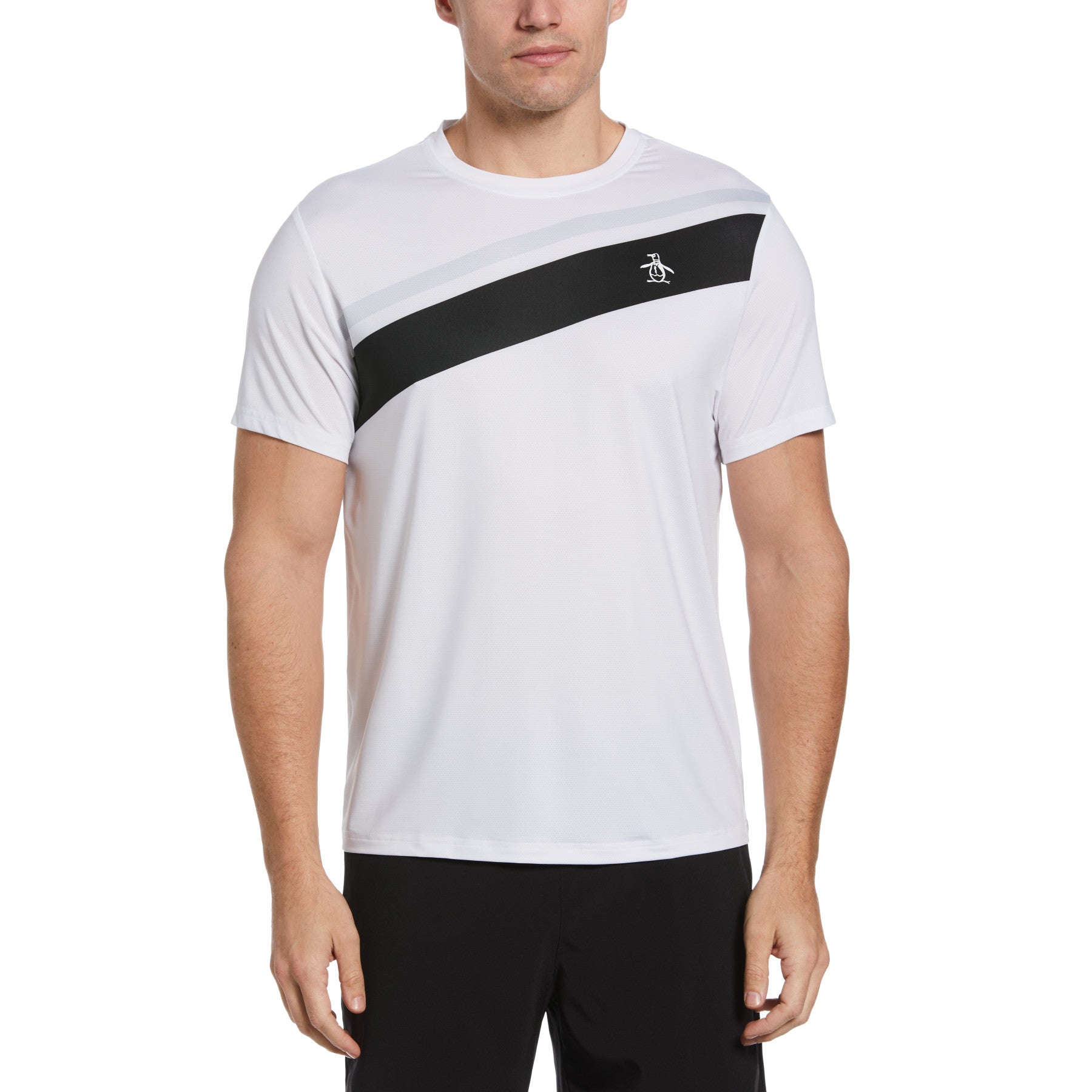 View Original Penguin Colour Block Stripe Performance Tennis TShirt In Bright White White Mens information
