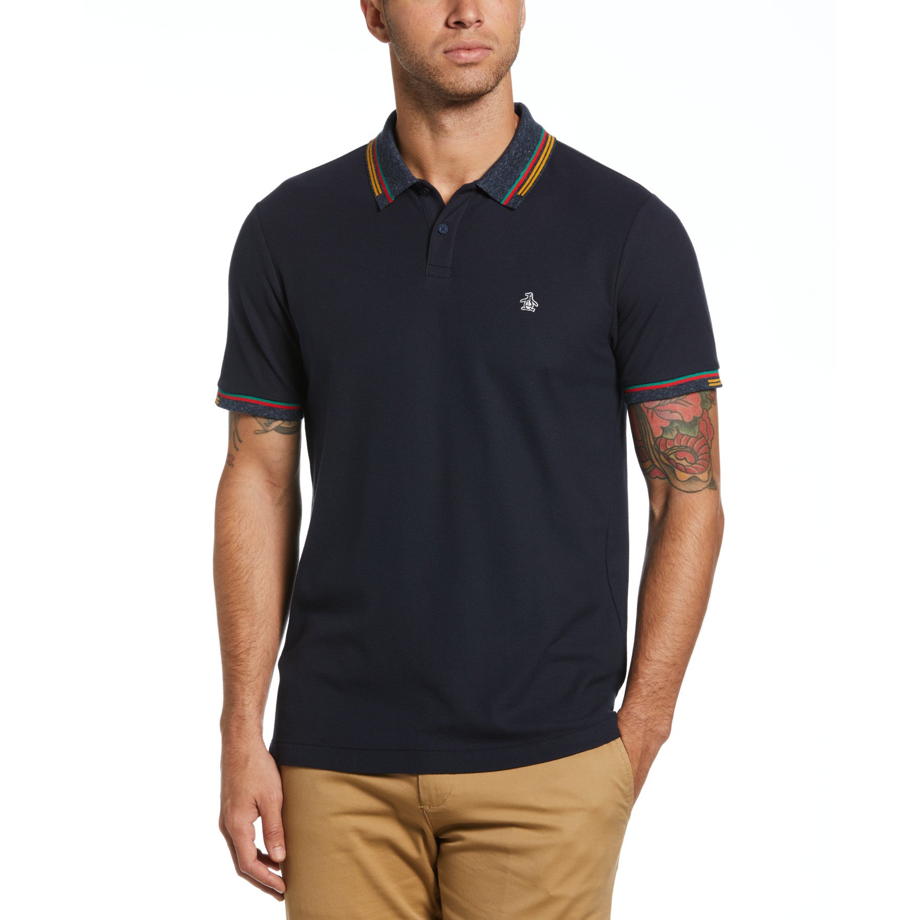 View Multi Abstract Stripe Tipping Polo In Dark Sapphire information