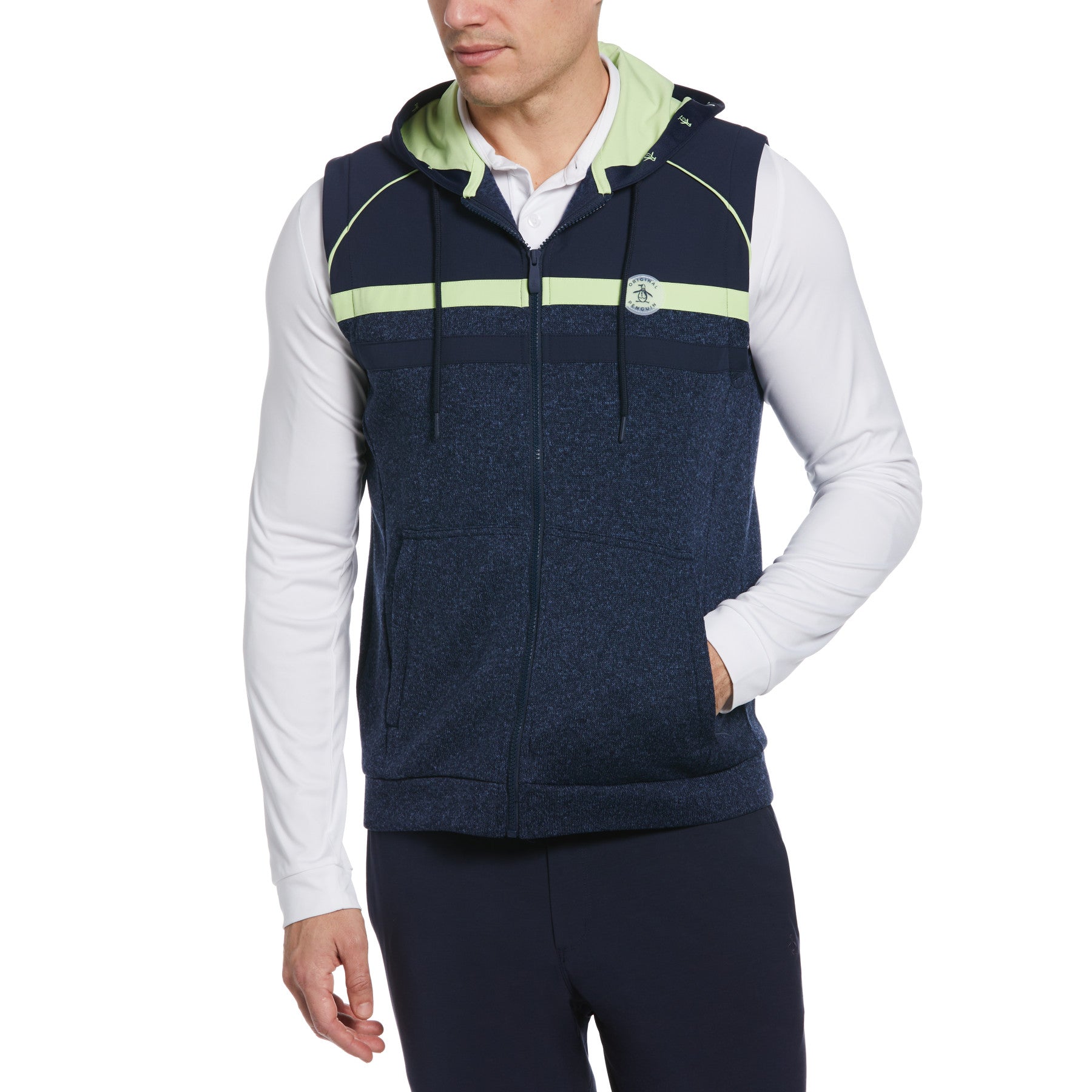 View Mixed Media Fleece Golf Hoodie Vest In Black Iris Bijou Heather information