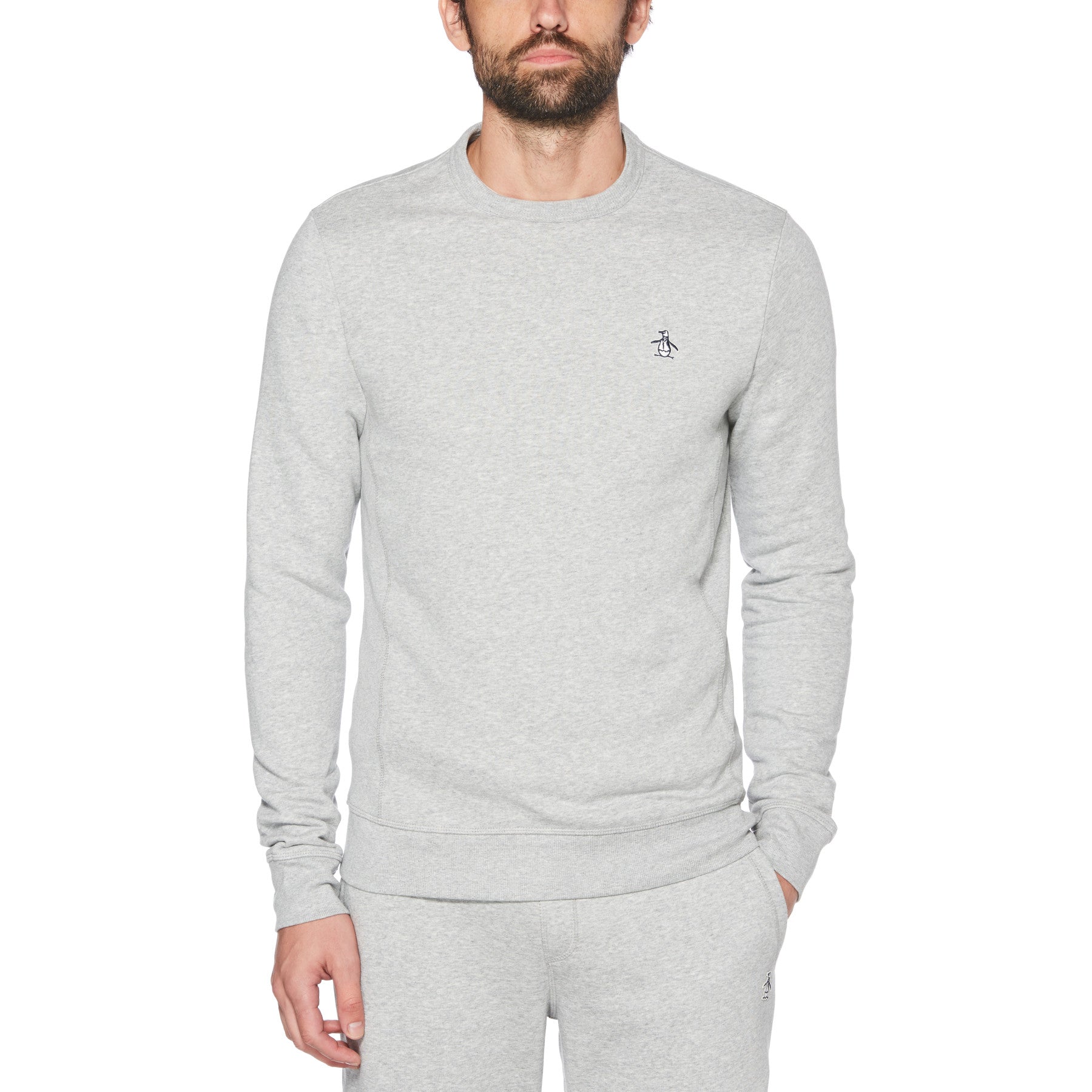 View Original Penguin Sticker Pete Organic Cotton Fleece Sweatshirt In Rain Heather Grey Mens information