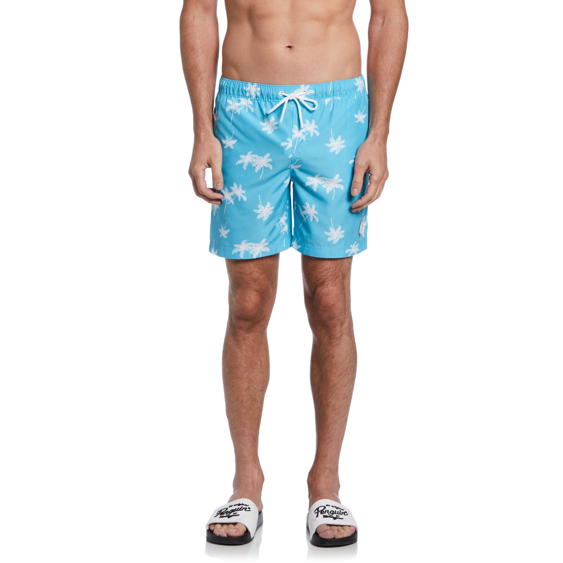 View Palm Tree Print Swim Short In Blue Atoll information