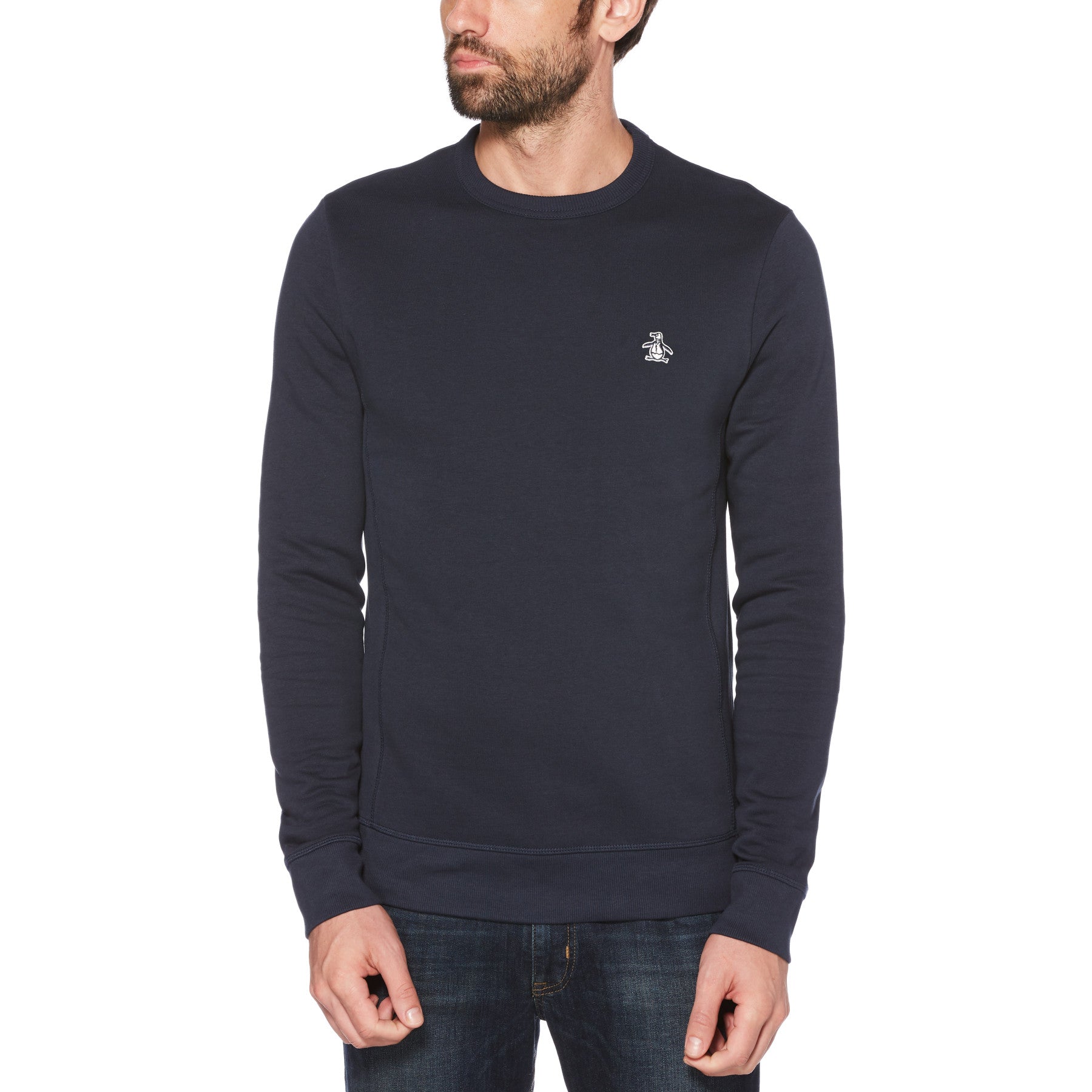 View Original Penguin Sticker Pete Organic Cotton Fleece Sweatshirt In Dark Sapphire Blue Mens information