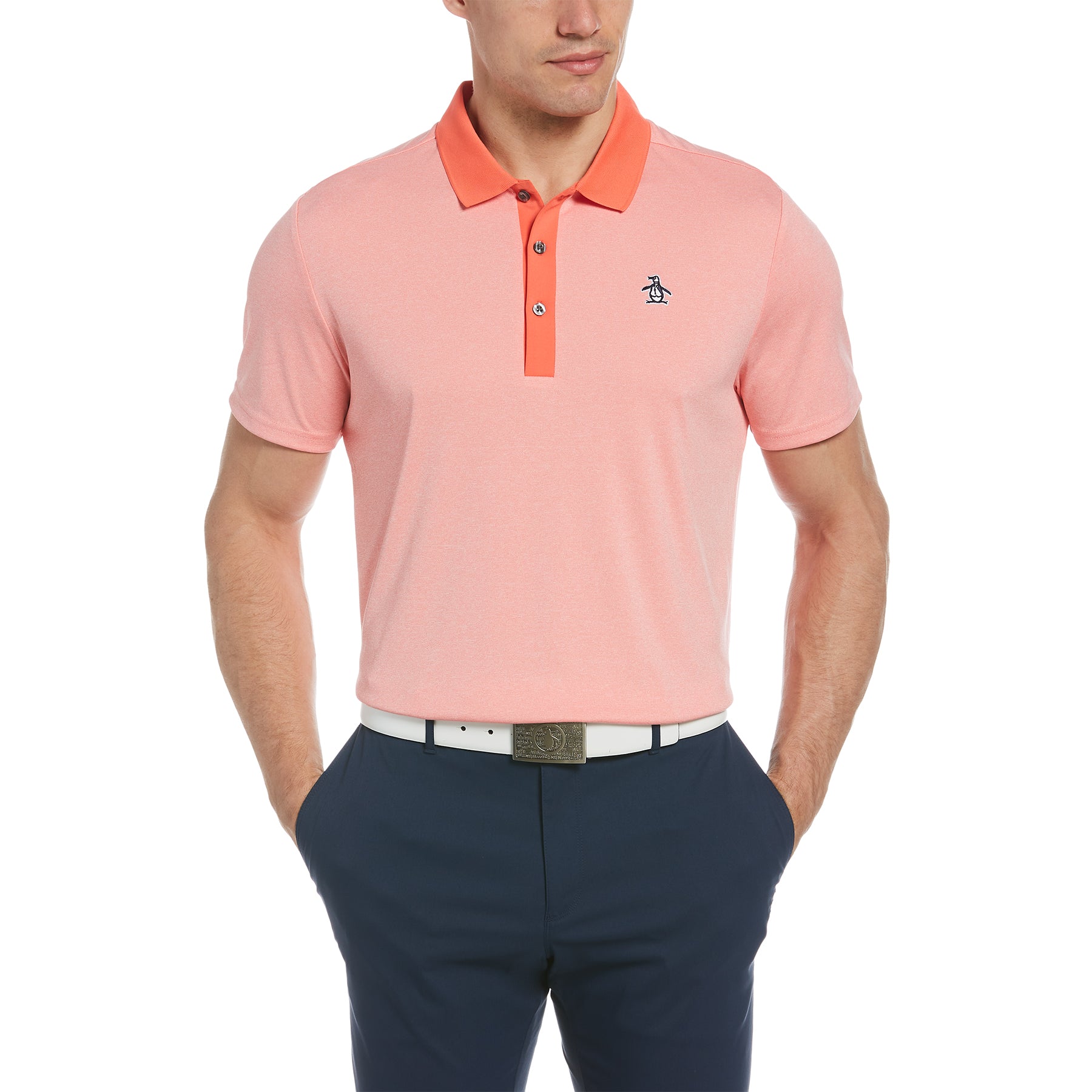 View Three Strokes Golf Polo In Orange Coral Heather information
