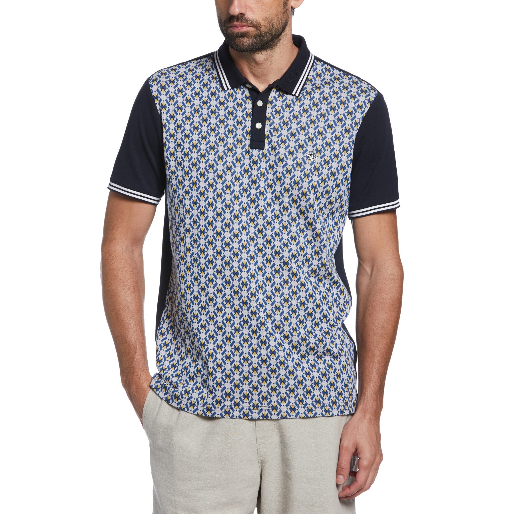 View Premium Geo Jacquard Front Polo Shirt In Dark Sapphire information