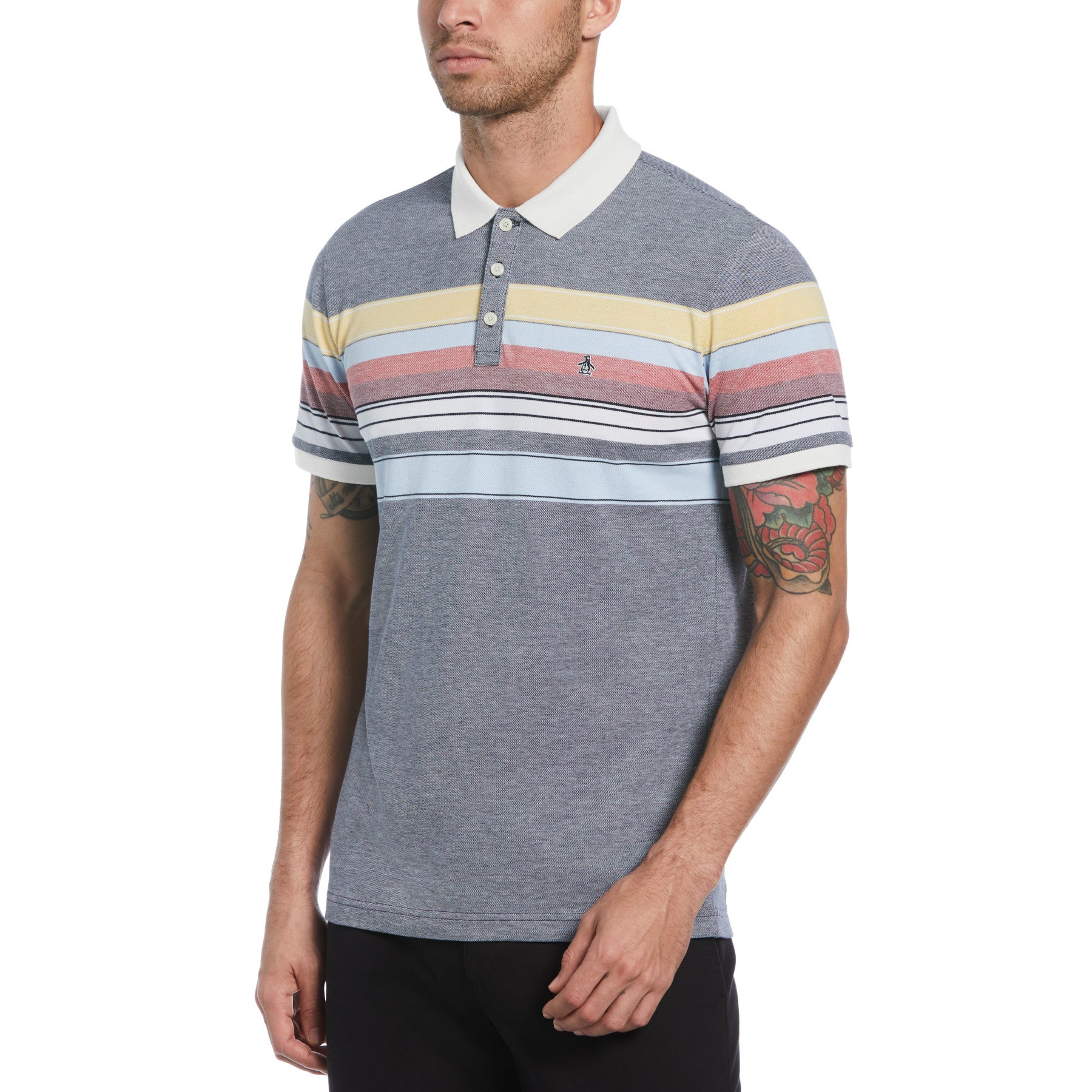 View Engineered Chest Stripe Organic Cotton Polo Shirt In Dark Sapphire information