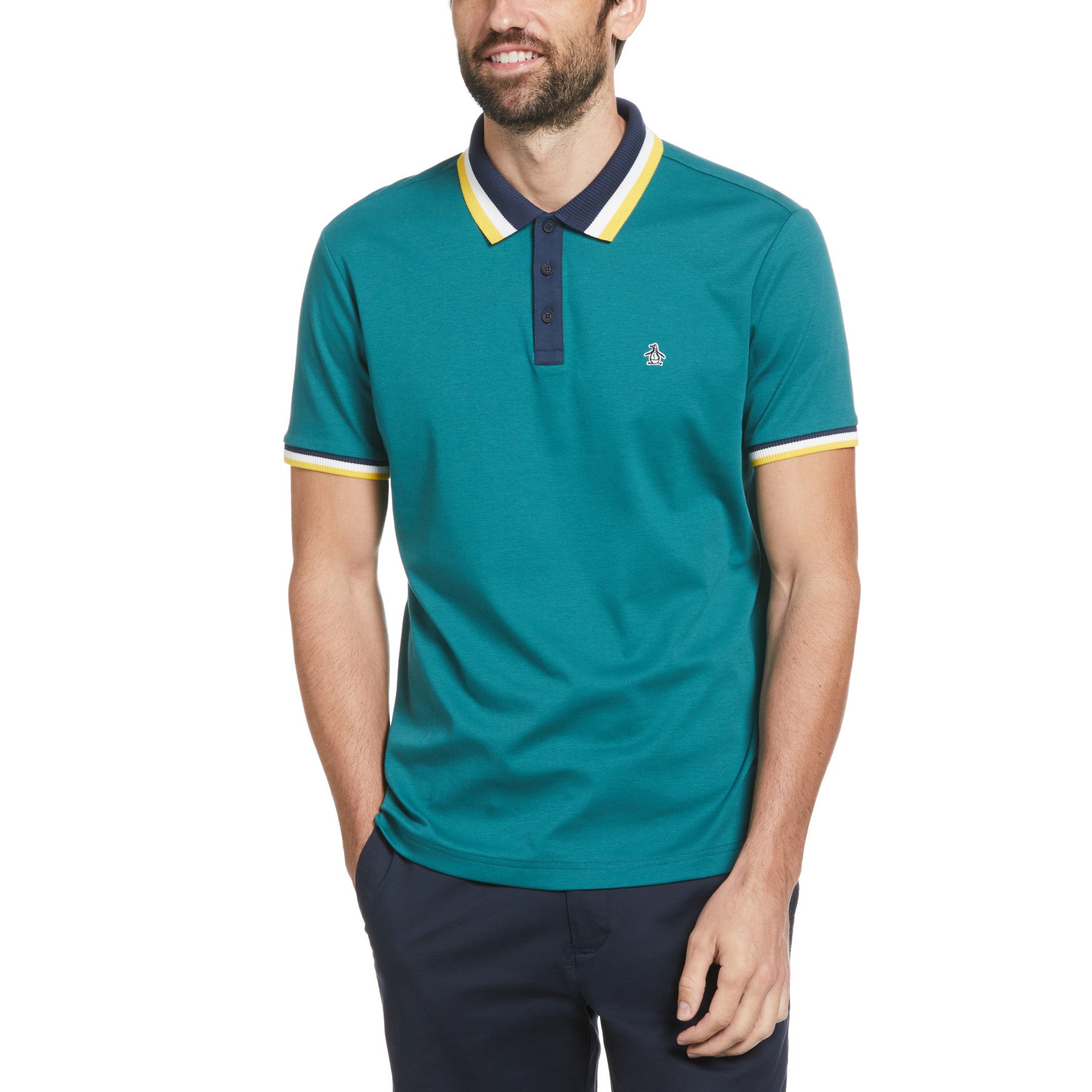 View Ribbed Solid Short Sleeve Polo Shirt In Pacific information