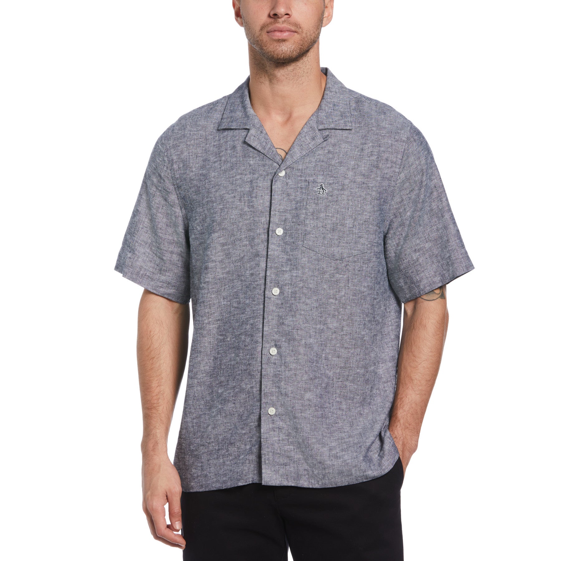 View Original Penguin Linen Ecovero Camp Collar Short Sleeve Shirt In Dark Sapphire Blue Mens information