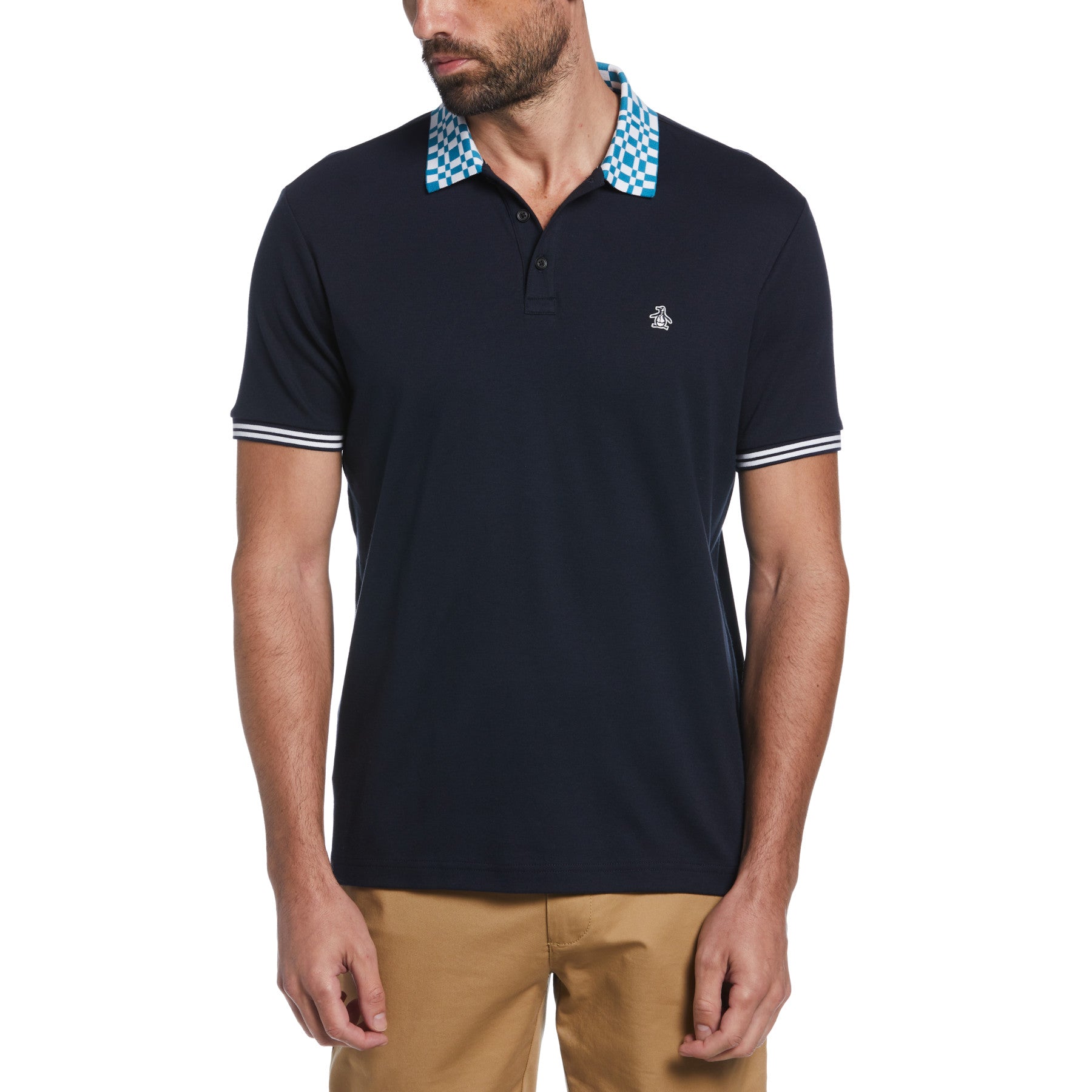 View Premium Organic Cotton Check Collar Polo Shirt In Dark Sapphire information