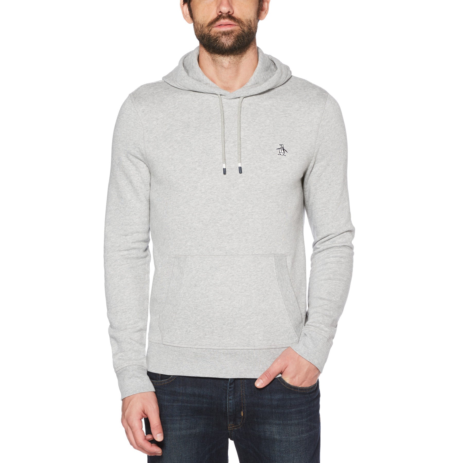 View Original Penguin Sticker Pete Organic Cotton Fleece Pullover Hoodie In Rain Heather Grey Mens information