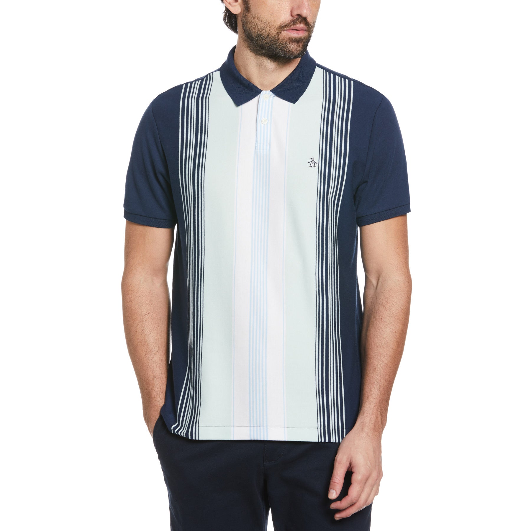 View Original Penguin Premium Stripe Short Sleeve Polo Shirt In Dress Blues Blue Mens information