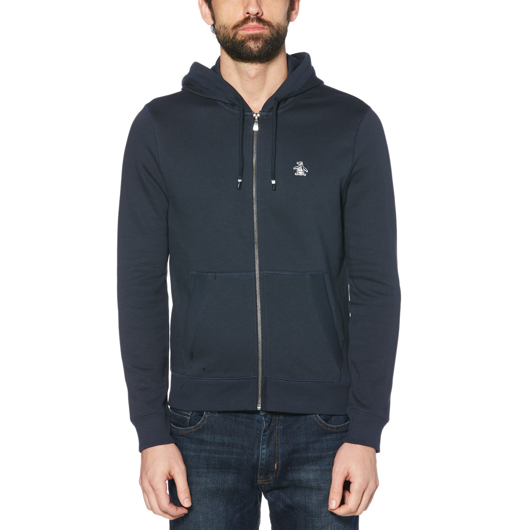 View Original Penguin Sticker Pete Organic Cotton Fleece Full Zip Hoodie In Dark Sapphire Blue Mens information