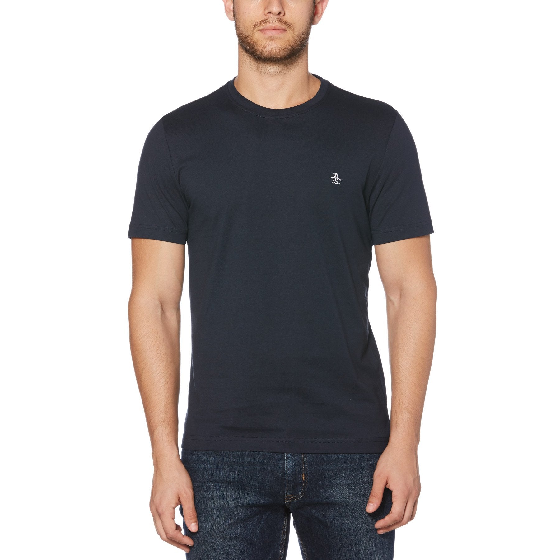 View Original Penguin Pin Point Embroidered Logo Organic Cotton TShirt In Dark Sapphire Blue Mens information