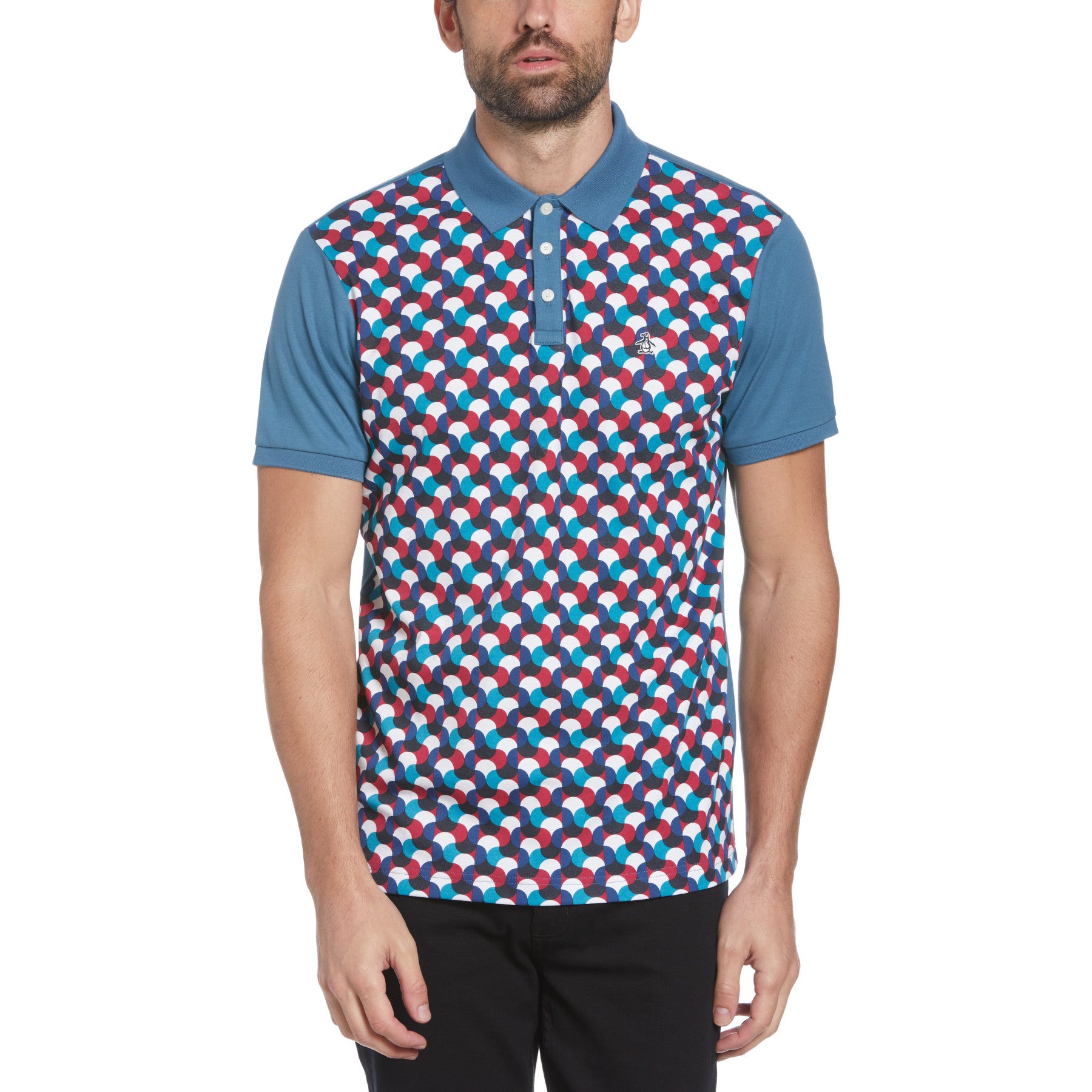 View Premium Geo Print Front Polo Shirt In Midnight information