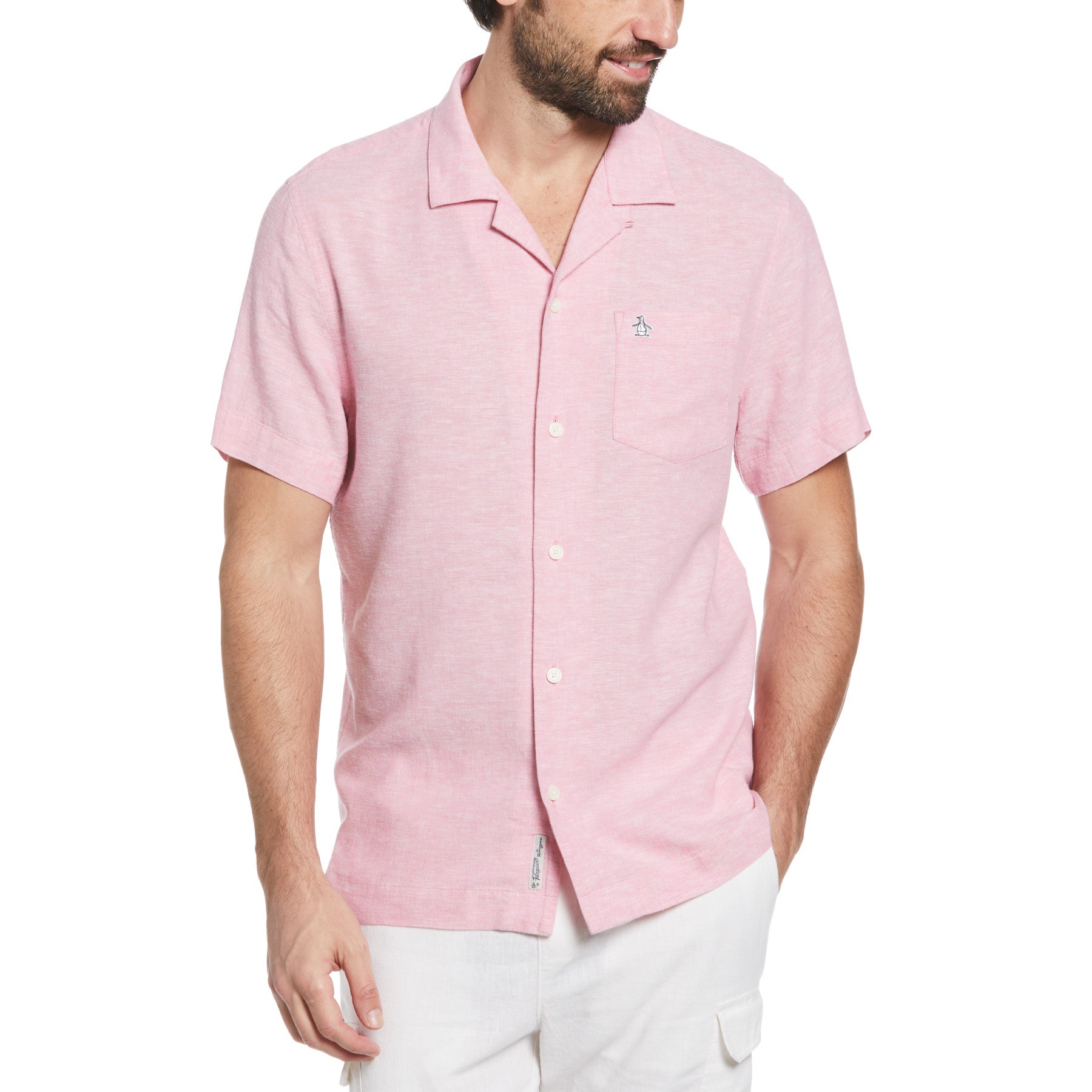 View Linen Ecovero Blend Camp Collar Short Sleeve Shirt In Wild Rose information