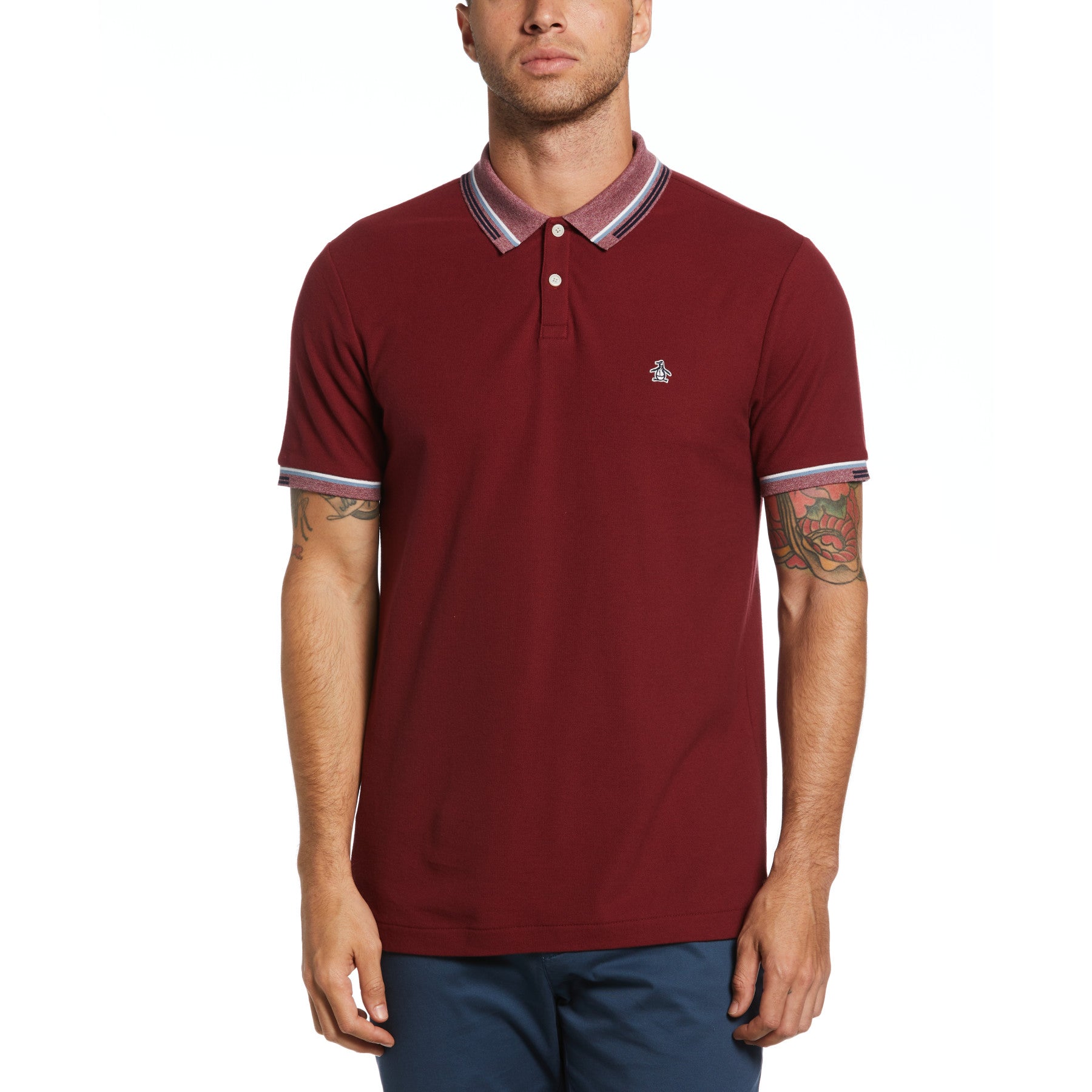 View Abstract Stripe Tipping Polo In Cabernet information
