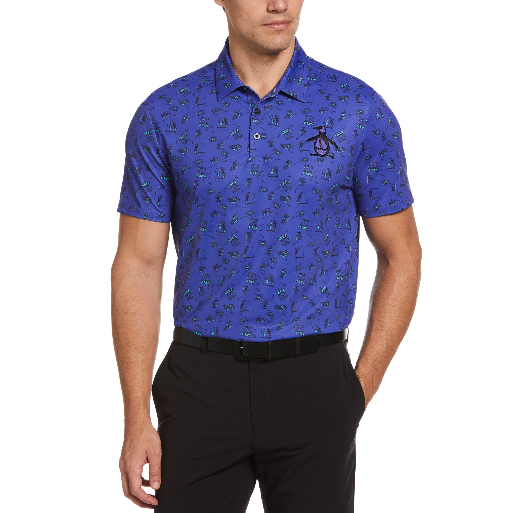View Retro Arcade Print Golf Polo Shirt In Bluing information