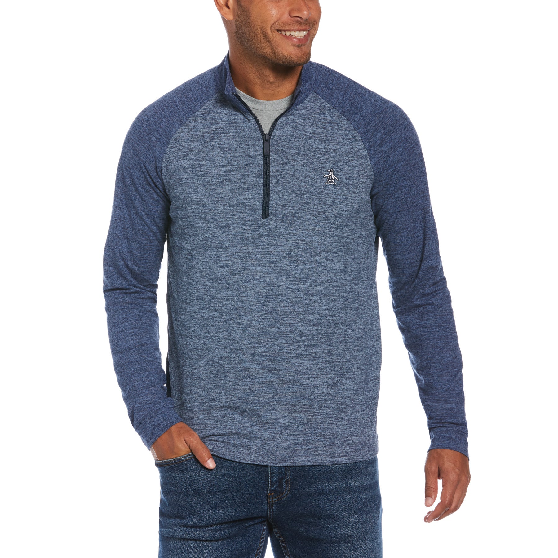 View Quarter Zip Lightweight Block Golf Jumper In Blue Iris Heather information