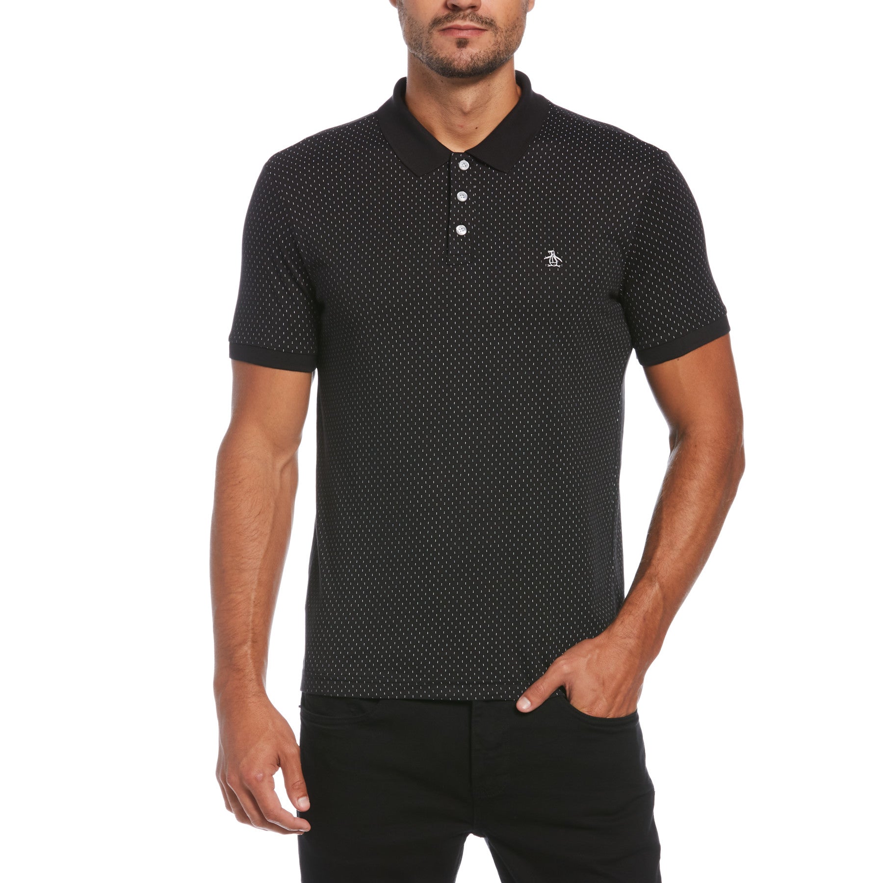View Dobby Printed Short Sleeve Polo Shirt In True Black information