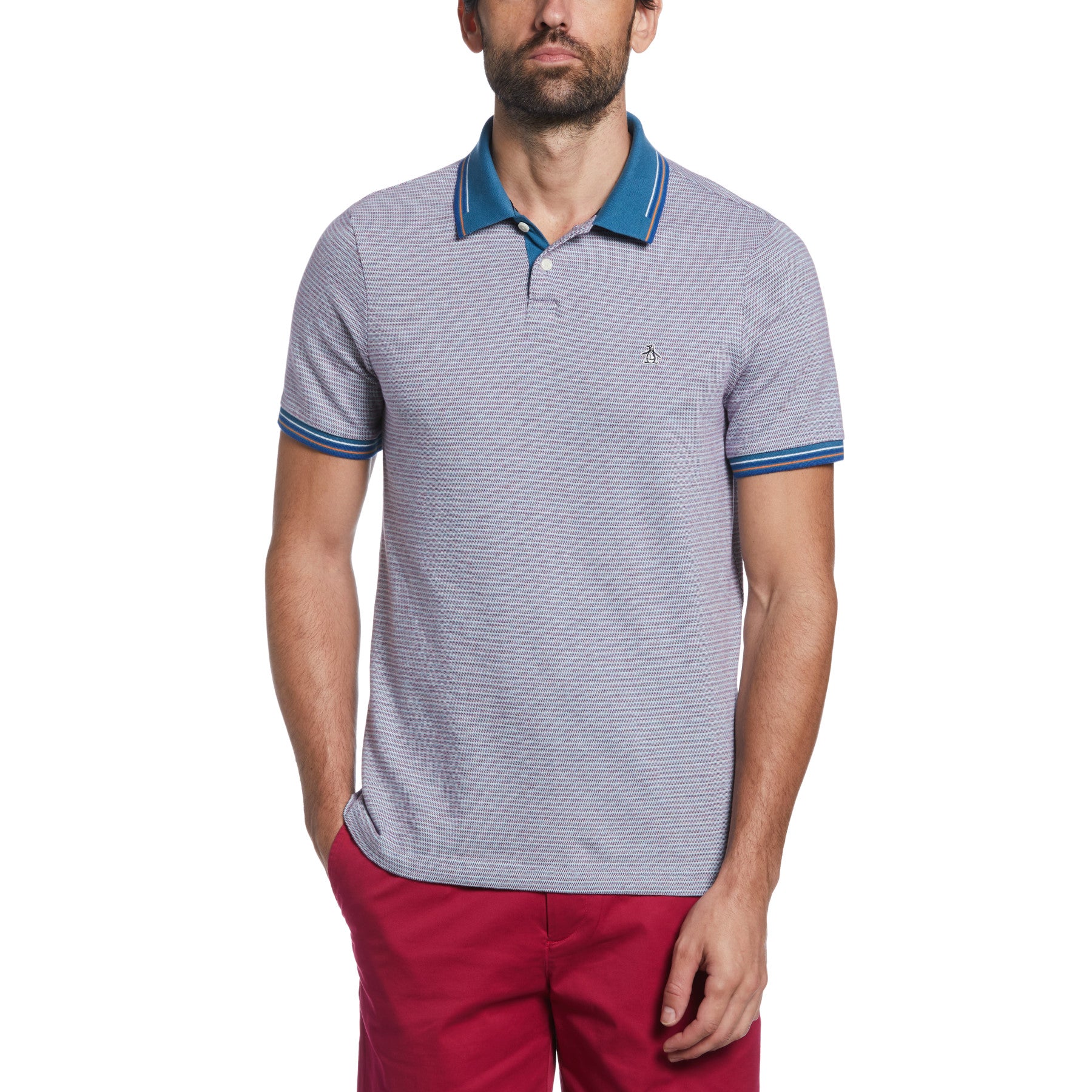 View Contrast Tipping Jaquard Front Polo Shirt In Midnight information