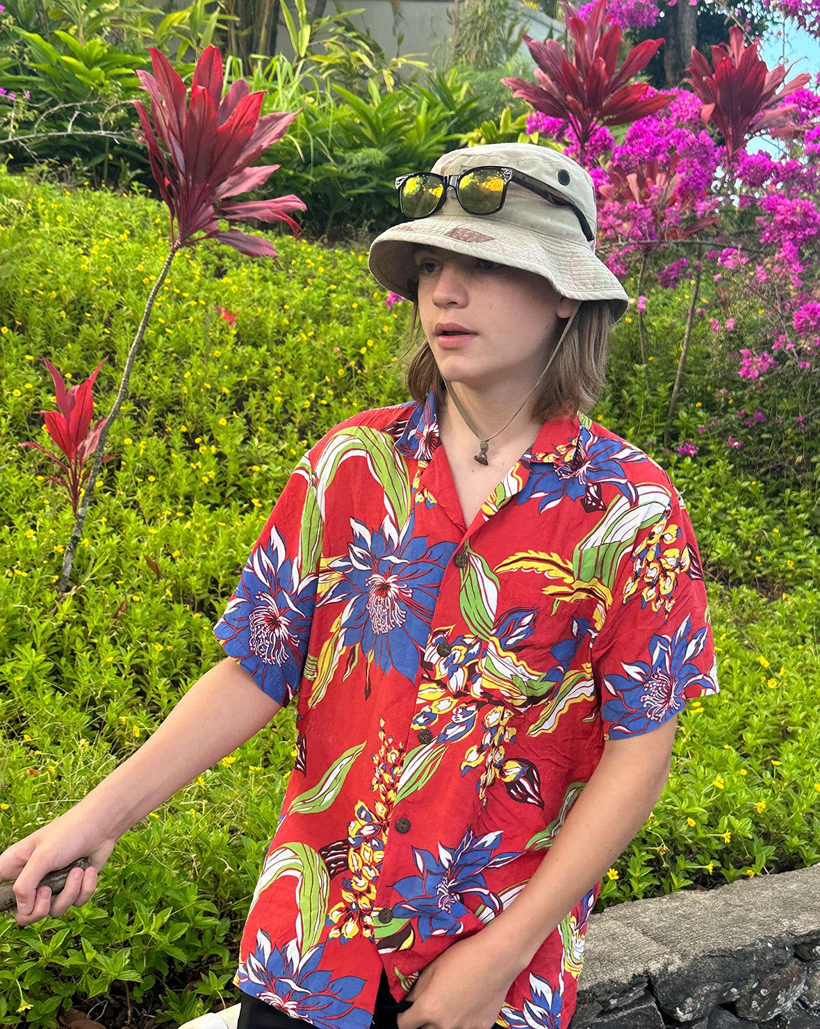 Levi Sports a Vintage Rayon Aloha Shirt in Maui, Hawaii