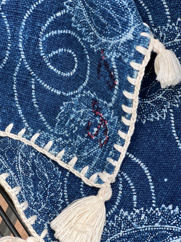 Antique hemp Blanket transformed with indigo pattern and handstitiching.