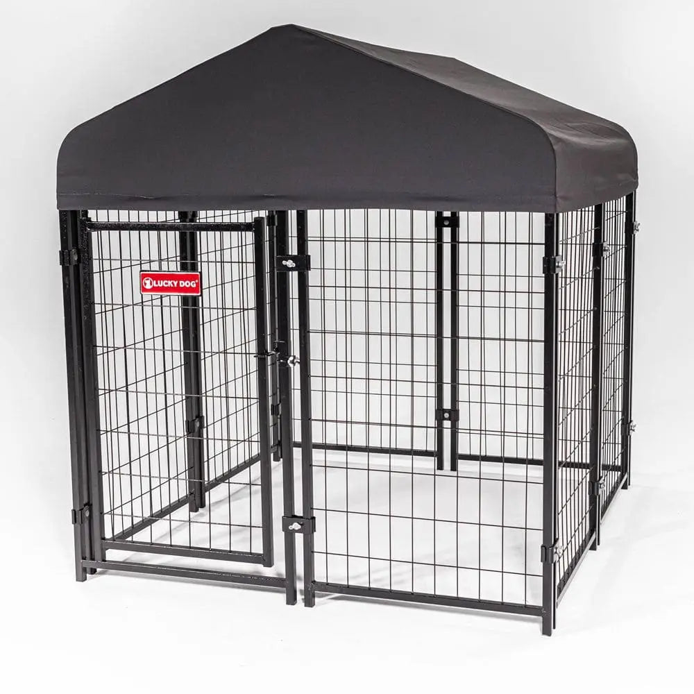 Outdoor Metal Galvanized Pet Crate Kennel Cage with UV Protection Waterproof Cover and Roof 4'L X Lucky Dog