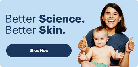 A mother holds a baby whose eczema is under control. Text reads 'better scinence, better skin.' There is a button that says 'shop now.'