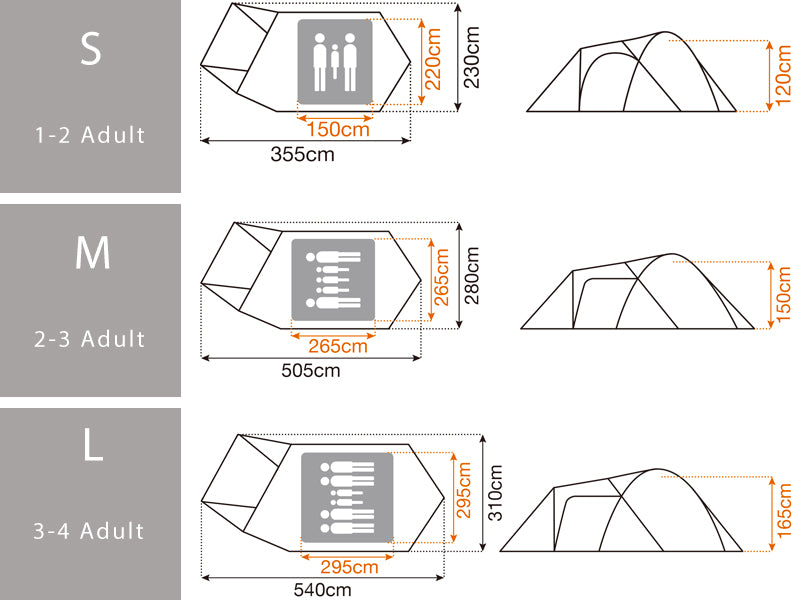 snow peak Amenity Dome tent S, M & L size chart