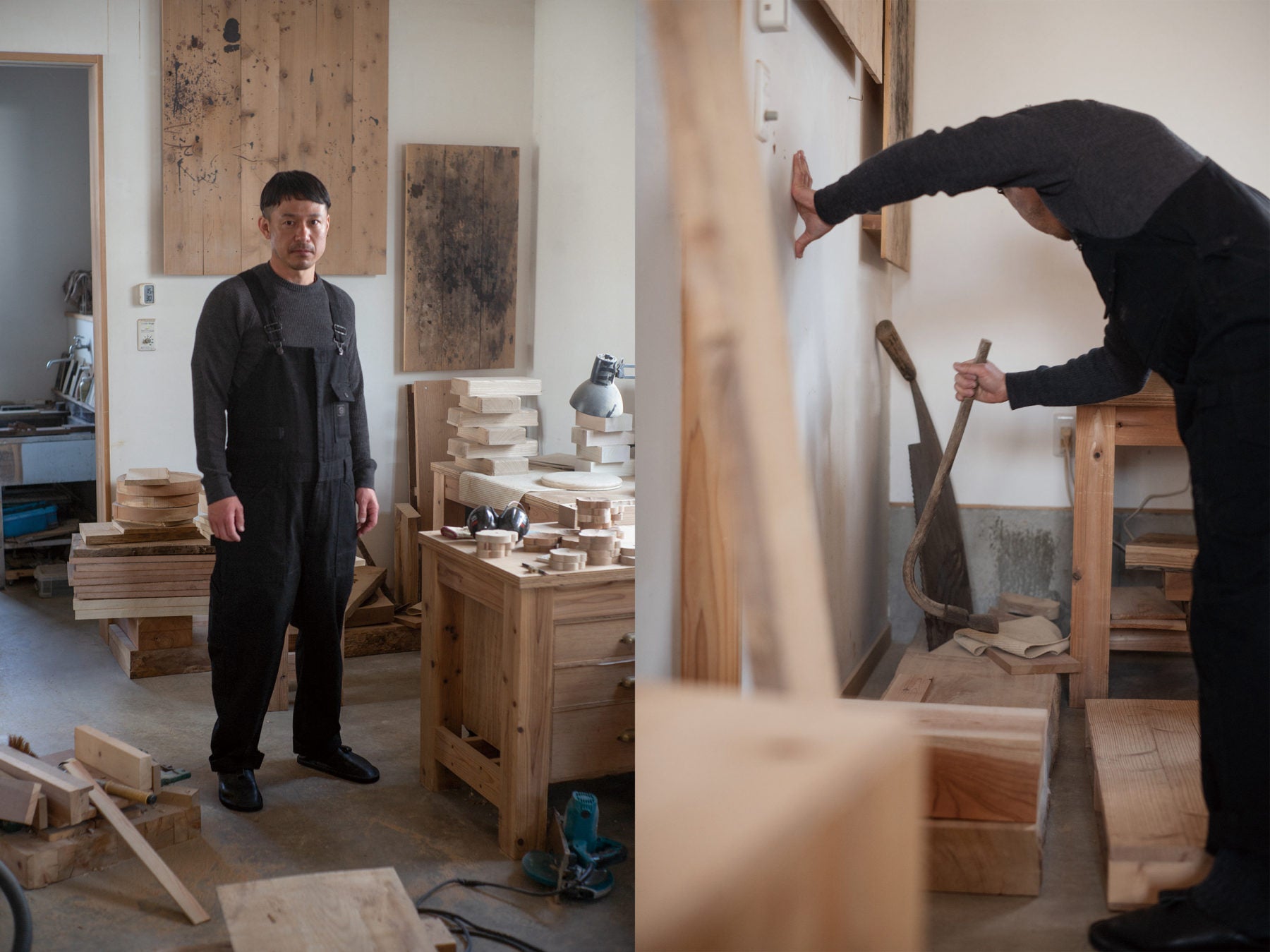 Japanese wood work artist Takashi Tomii in his studio