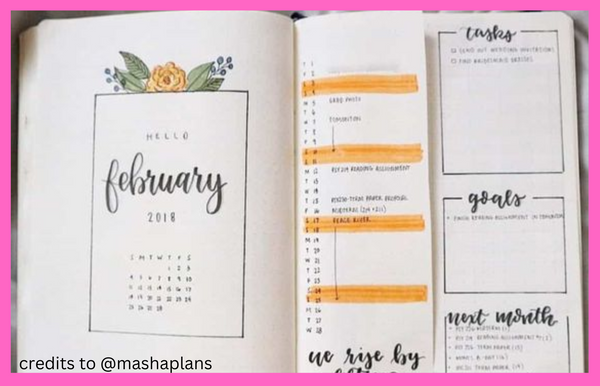 February bujo calendar sample made with cute bullet journal stationery
