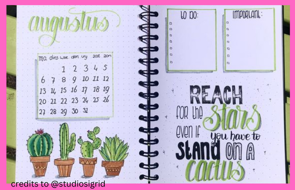 green colored bujo calendar sample made with cute bullet journal stationery