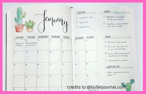 bullet journal calendar sample made with cute bujo stationery