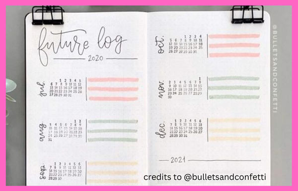 bujo calendar sample made with cute bullet journal stationery like highlighters and pens