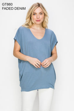 Faded Denim Dolman Short Sleeve Top