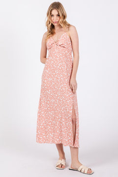 Salmon Pink Floral Twist Front Dress