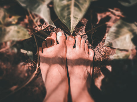 Bare feet barefoot on ground with green leaves. grounding and earthing technique - InterPlexus Blog Immune Support