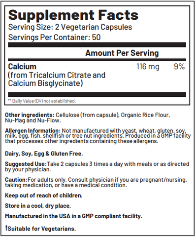 Calcium2 Supplement Facts & Caution Data Sheet