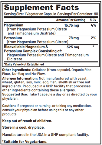 Potassium+Mag Supplement Facts & Caution Data Sheet