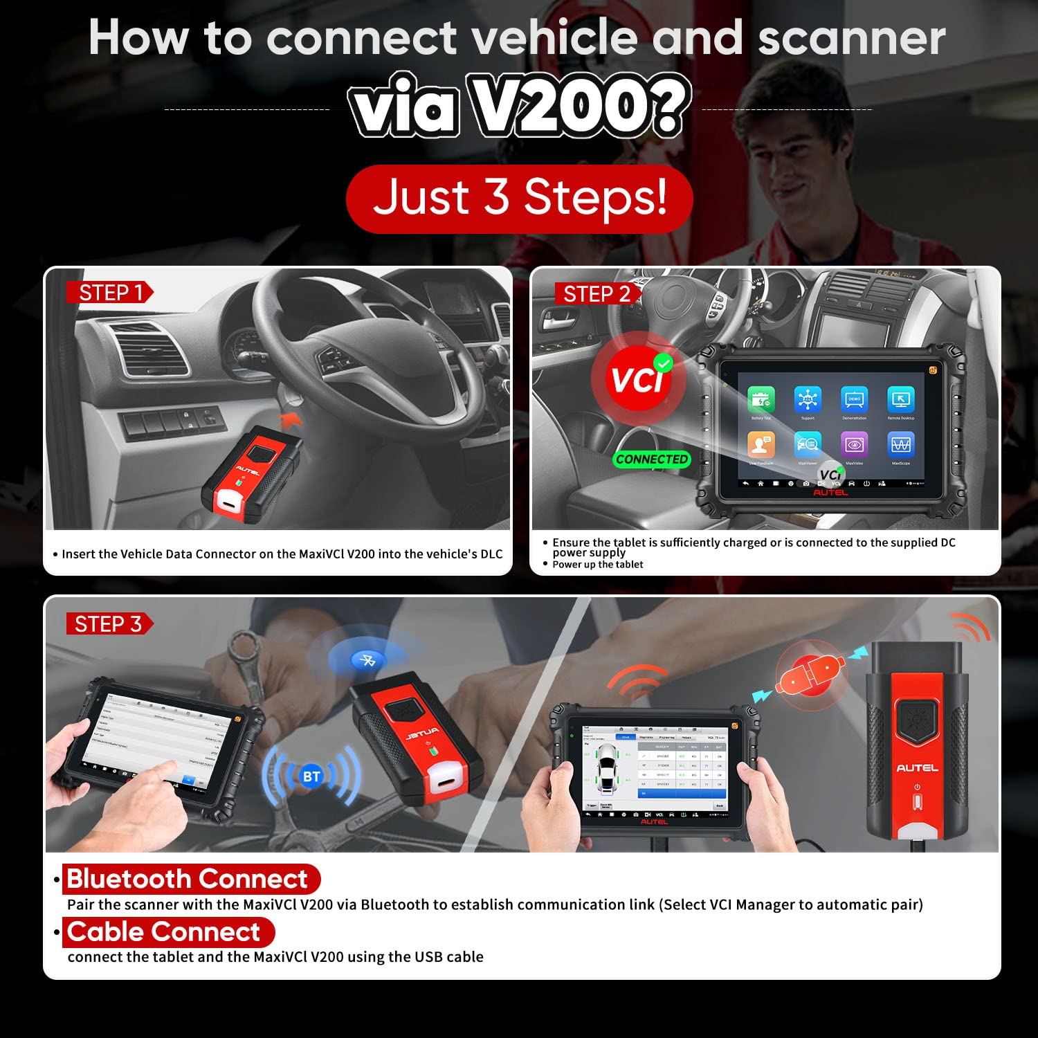 How to connect the vehicle and the scanner with V200