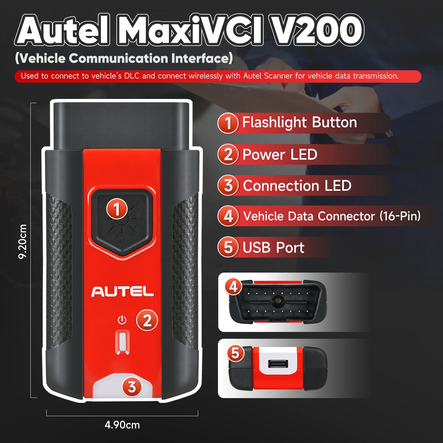 Autel MaxiVCI V200 VCI200 Wireless Dongle, OBD2 Connector Adapter