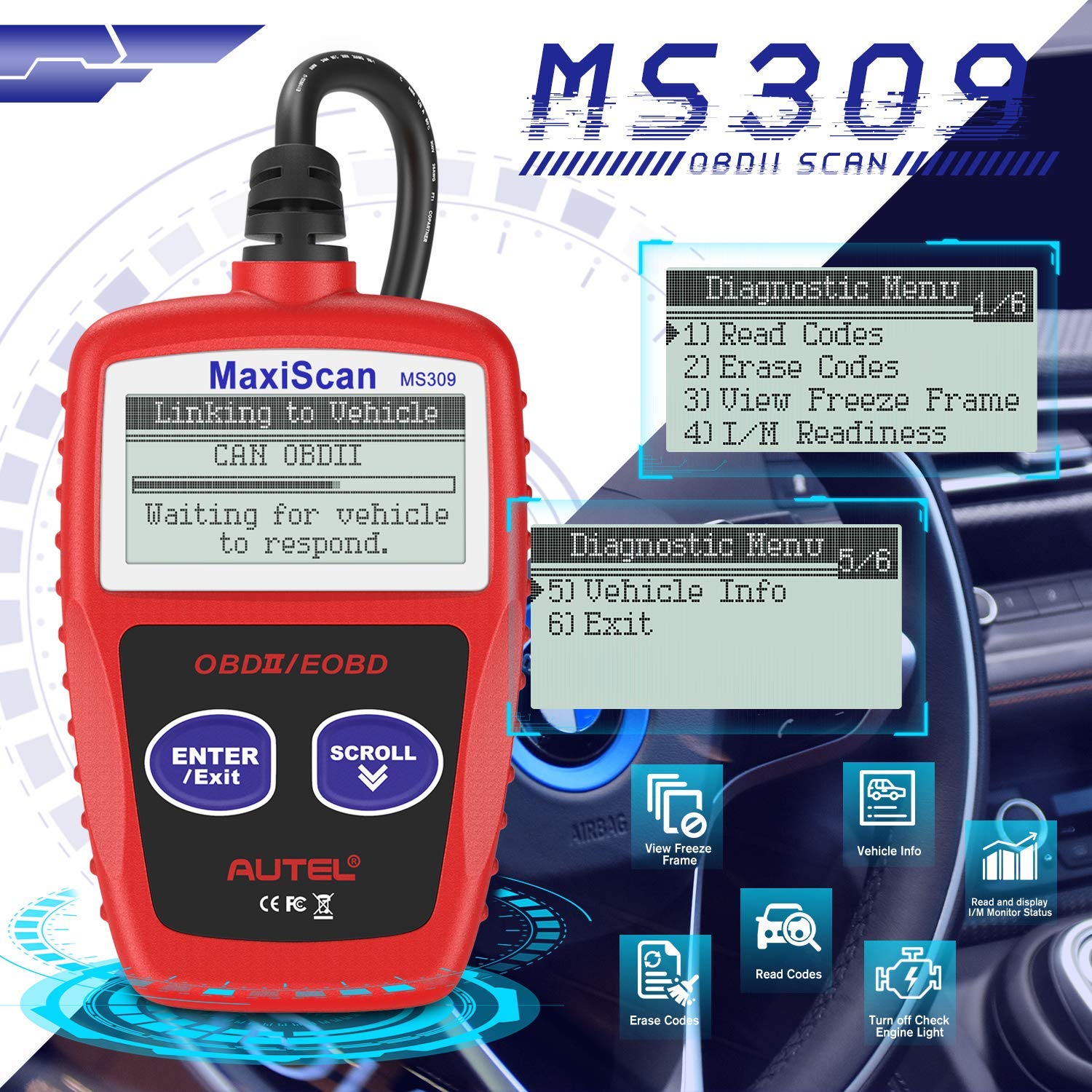 ms309 main functions view freeze data I/M readiness retrieve car info