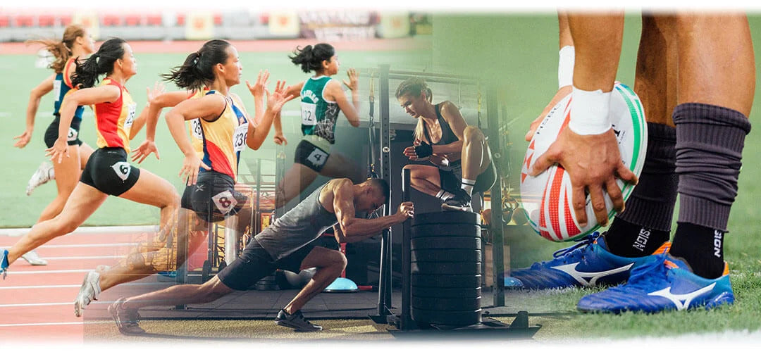 An image depicting different sporting activities such as running, weight training and rugby where Creatine may be useful.