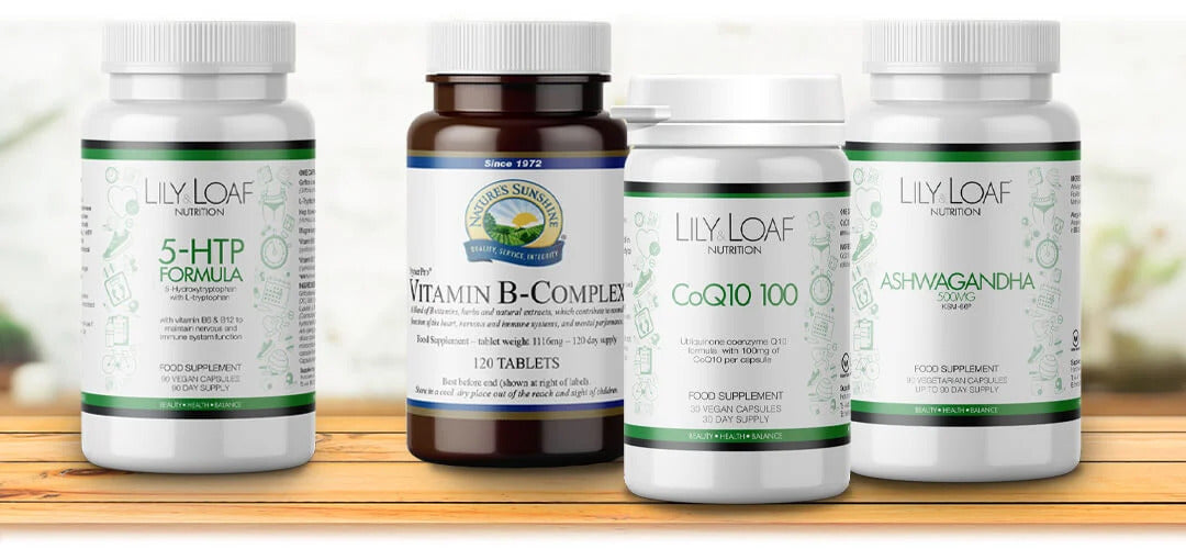 Product images of 5 HTP, Vitamin B-Complex, CoQ10 and Ashwaghandha
