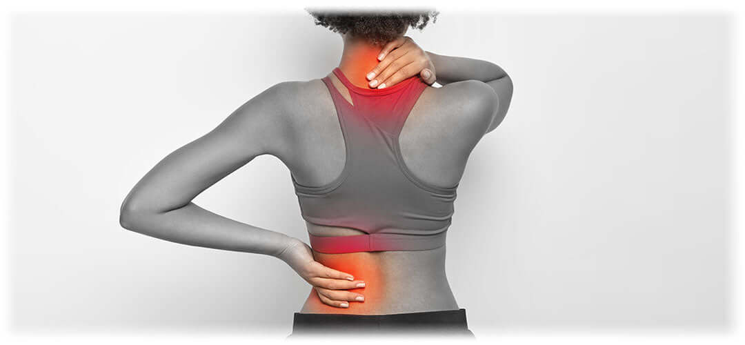 Woman in a sports bra holding her neck and lower back, highlighted areas indicating pain, promoting Lily & Loaf's relief support products.