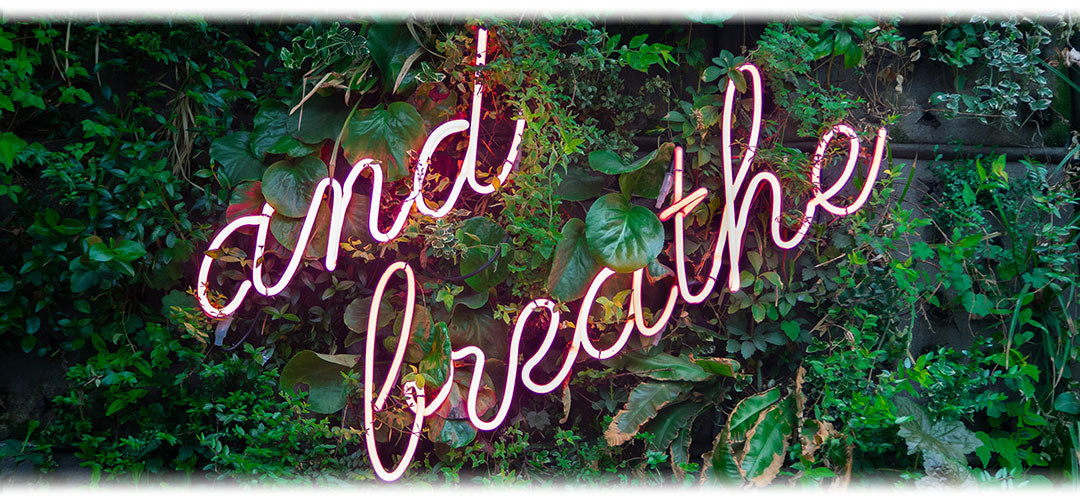 An image shows a pink neon sign surrounded by greenery. The image illustrates the concept of incorporating deep breathing techniques for relaxation and stress relief.