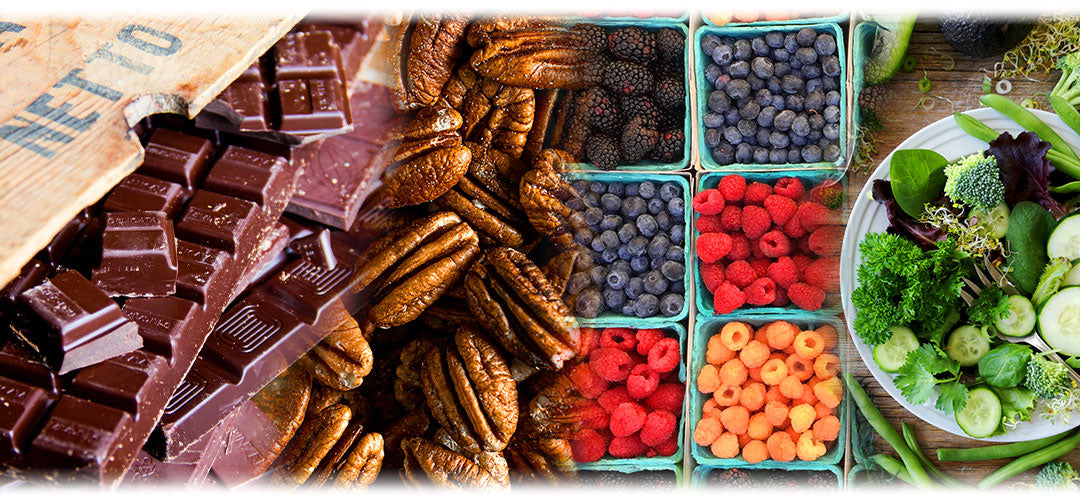 An assortment of nuts and chocolates arranged on a wooden table